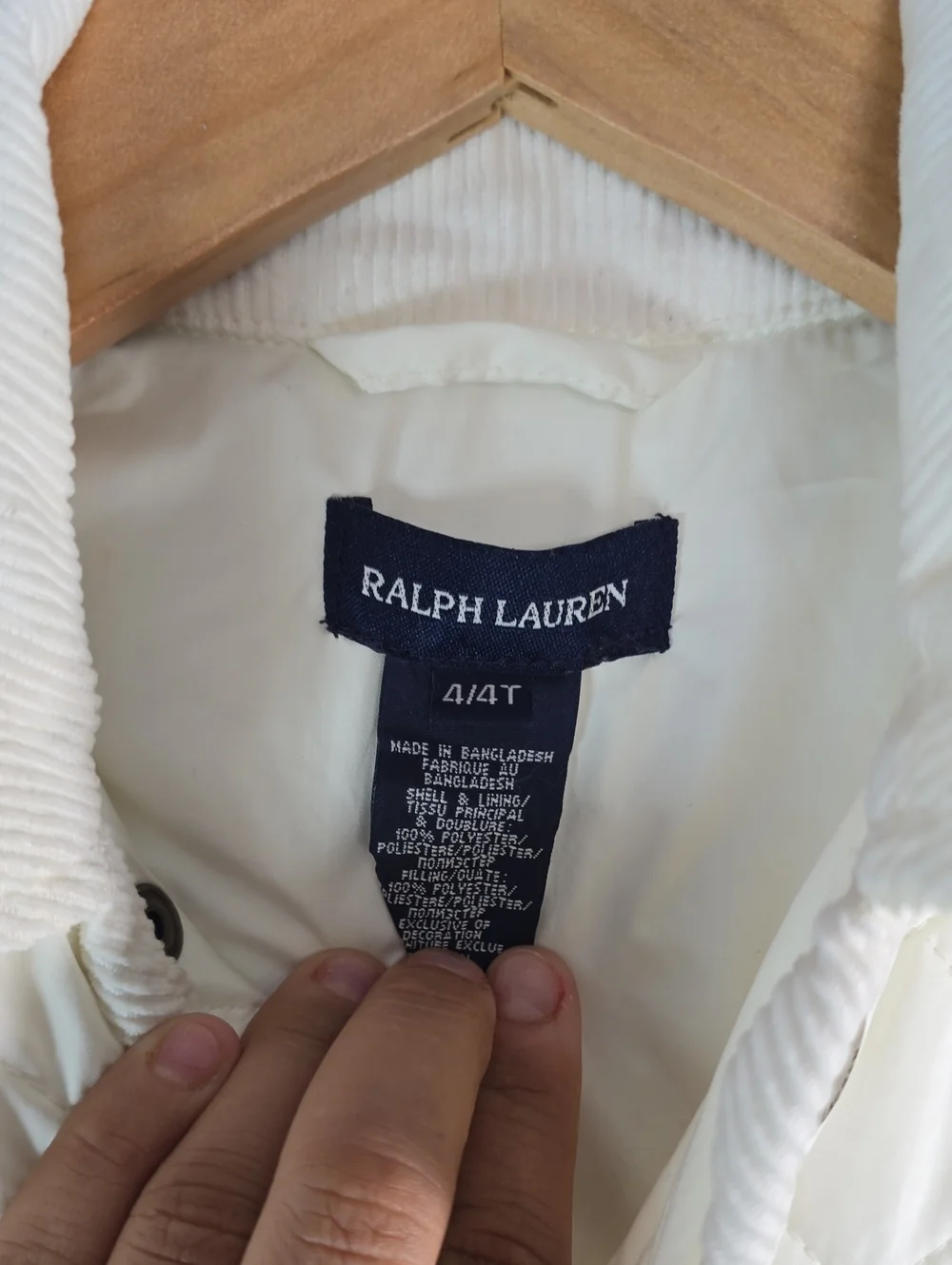 Ralph Lauren Girls' Cream Quilted Puff Jacket with Corduroy Collar